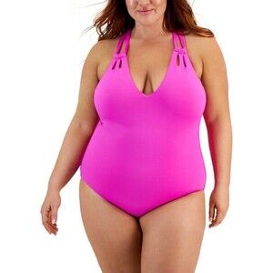 Becca ETC Women's Plus Size Color Code Double-Strap One-Piece Swimsuit Fuchsia1X